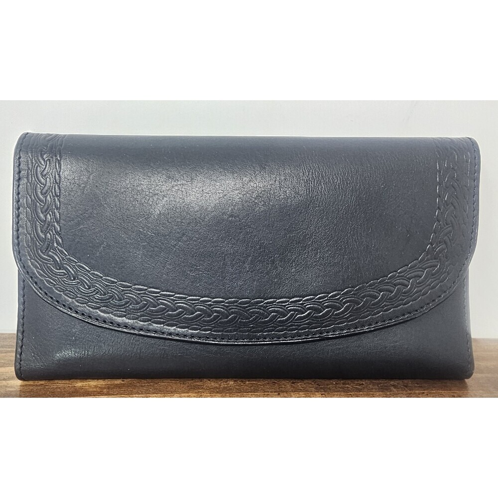 Vintage Liz Claiborne Genuine Leather Black Embossed Trifold Wallet
